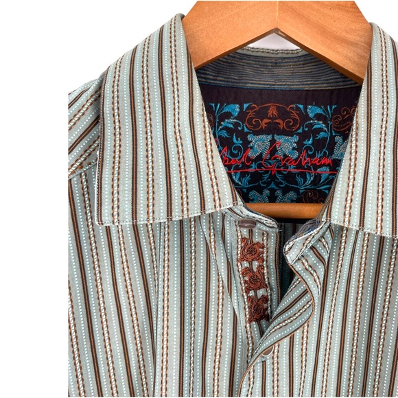 Robert Graham Long Sleeve Button Down Shirt w/Flip Cuffs Green & Brown Stripes - Picture 2 of 12
